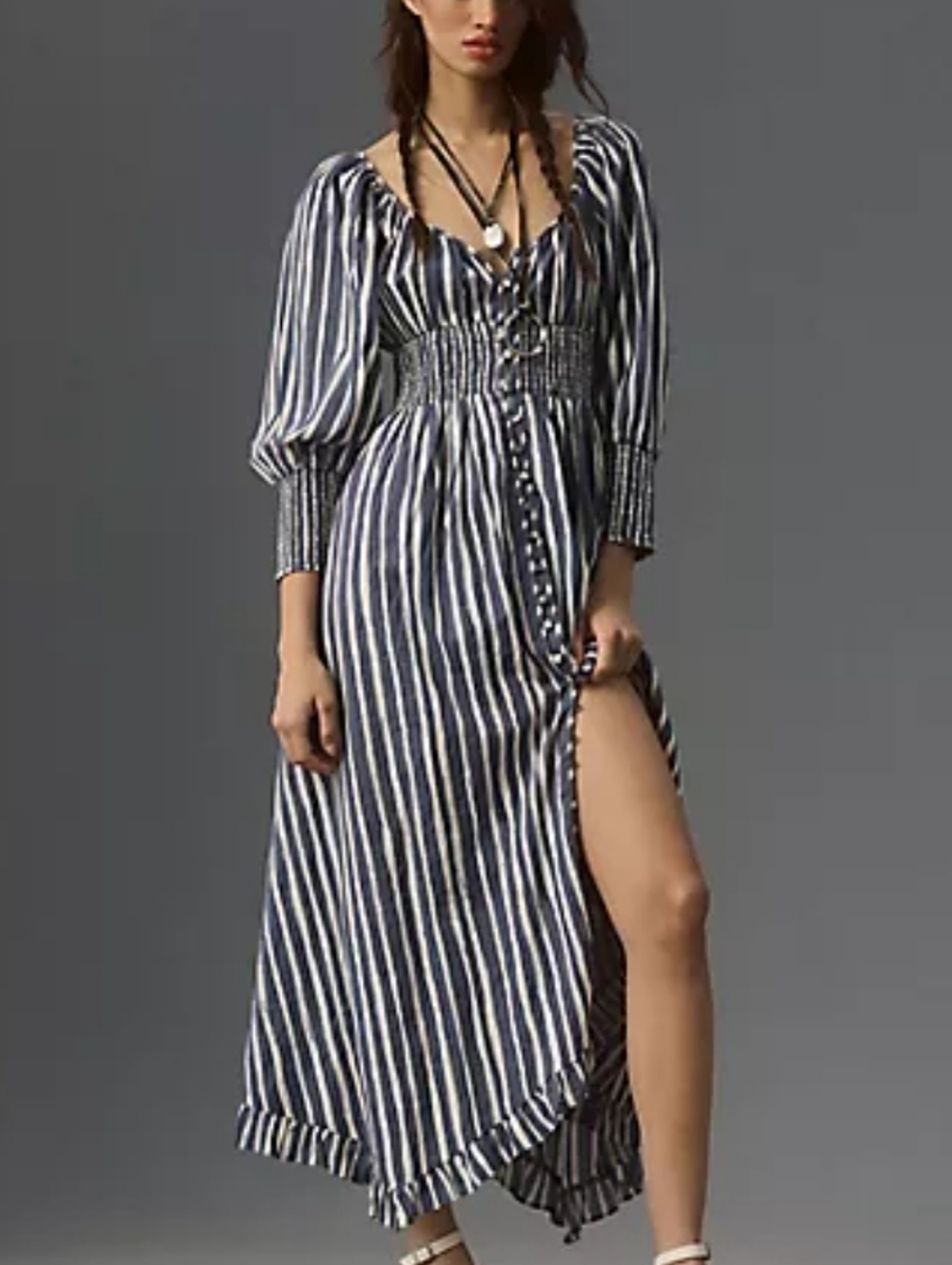 Anthropologie Reworked Muscle Striped Navy Blue Smocked Midi Dress XS